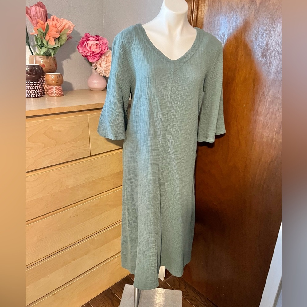 bryn Walker Sage Aloe Green Gauze Liliana Midi Dress V Neck Flare Sleeve